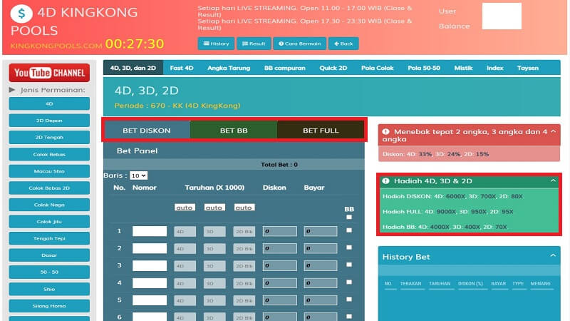 tampilan panel bet di 4D Kingkong Pools